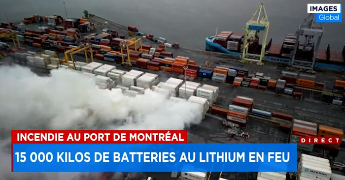 A container containing lithium batteries caught fire at the Port of Montreal