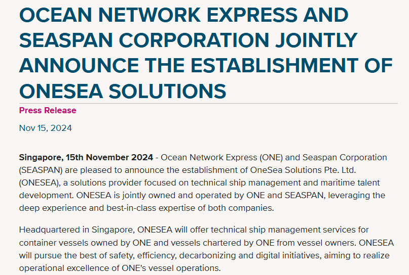 ONE formed a new company with SEASPAN, the world's largest shipowner