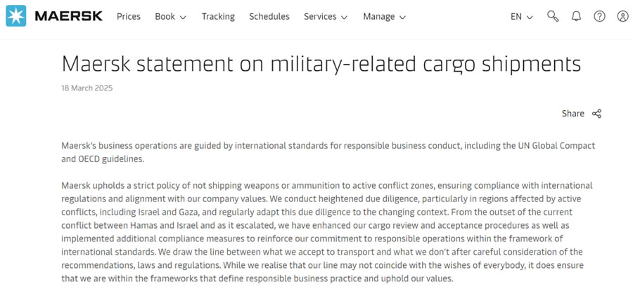 Maersk issued a statement on the shipment of weapons to Israel