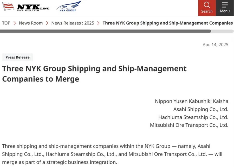 Japan's shipping giant NYK merged its three shipping companies